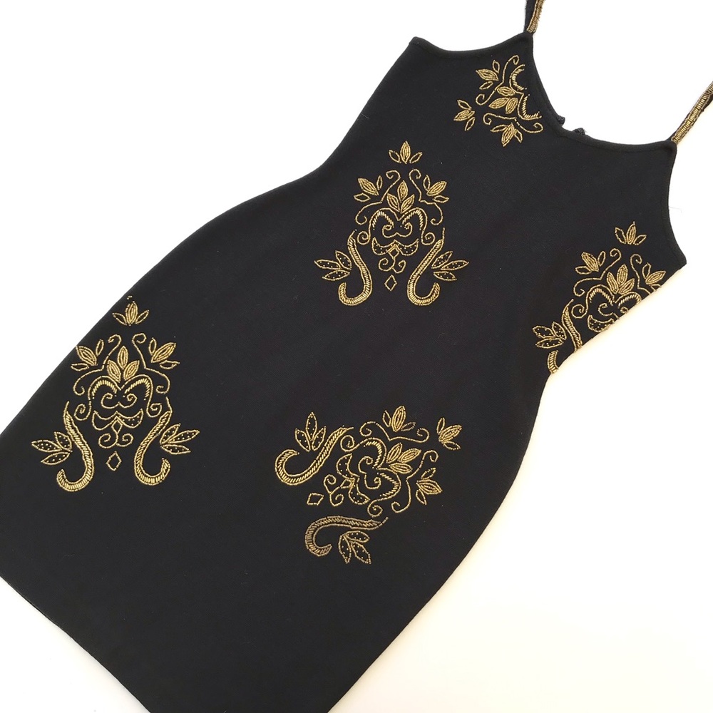 The Limited Black Gold Floral Beading Wool Dress